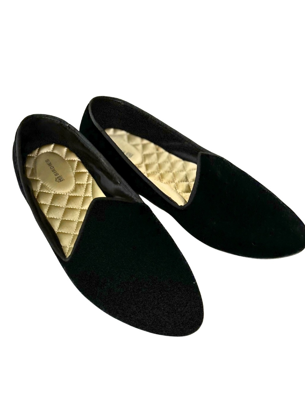Birdies Black Velvet Slip-On Loafers with Quilted Gold Insole